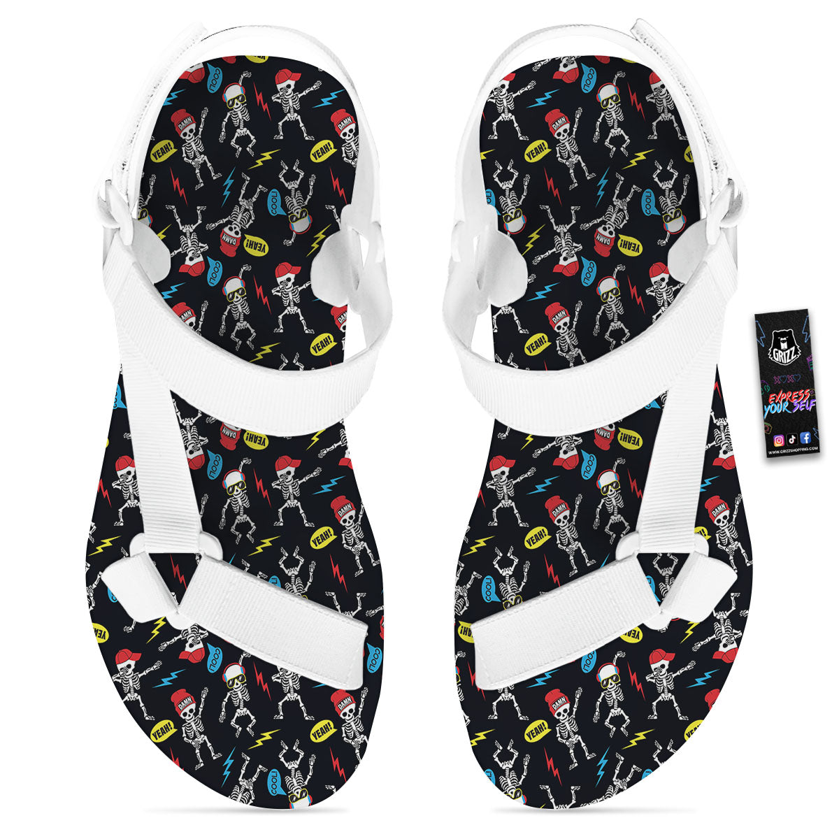 Skeleton Party Fun Print Pattern White Open Toe Sandals-grizzshop
