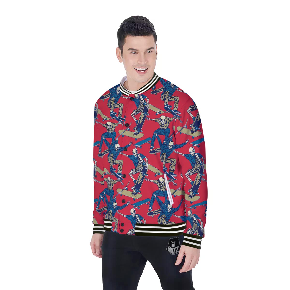 Skeleton Skateboarding Print Pattern Baseball Jacket-grizzshop