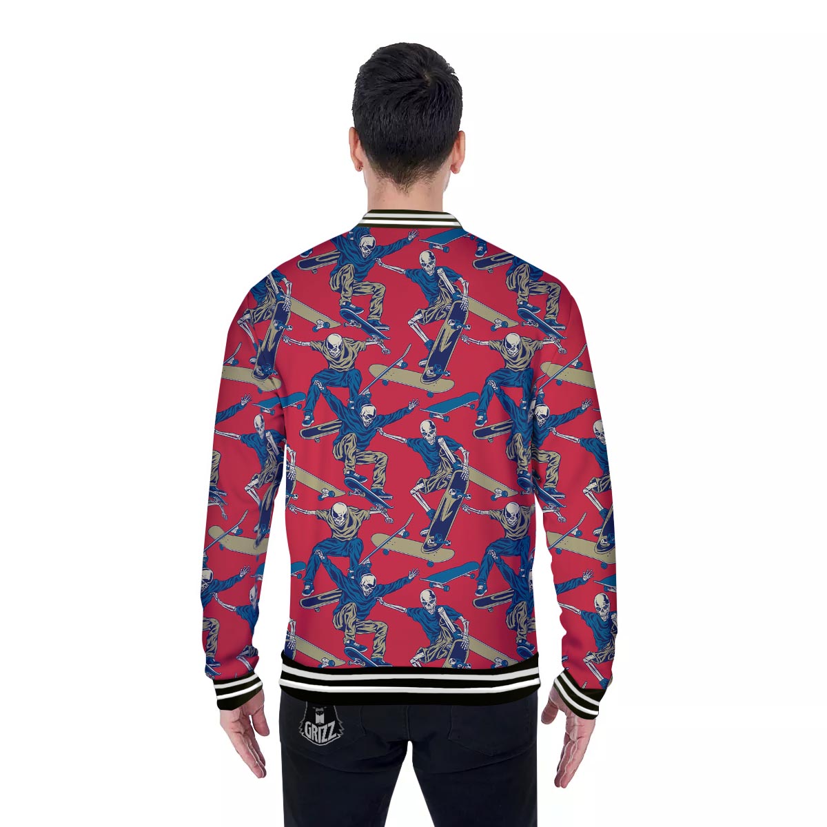 Skeleton Skateboarding Print Pattern Baseball Jacket-grizzshop