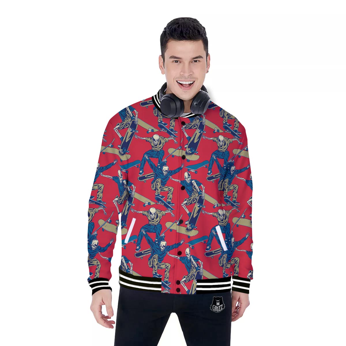 Skeleton Skateboarding Print Pattern Baseball Jacket-grizzshop
