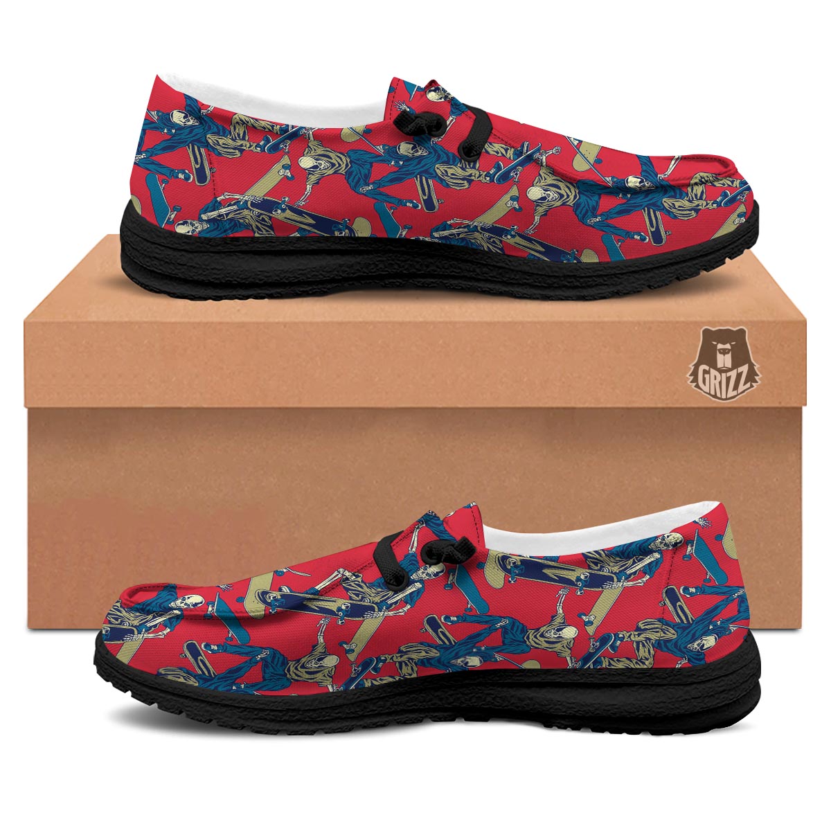 Skeleton Skateboarding Print Pattern Black Loafers-grizzshop