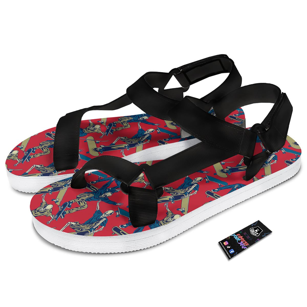 Skeleton Skateboarding Print Pattern Black Open Toe Sandals-grizzshop