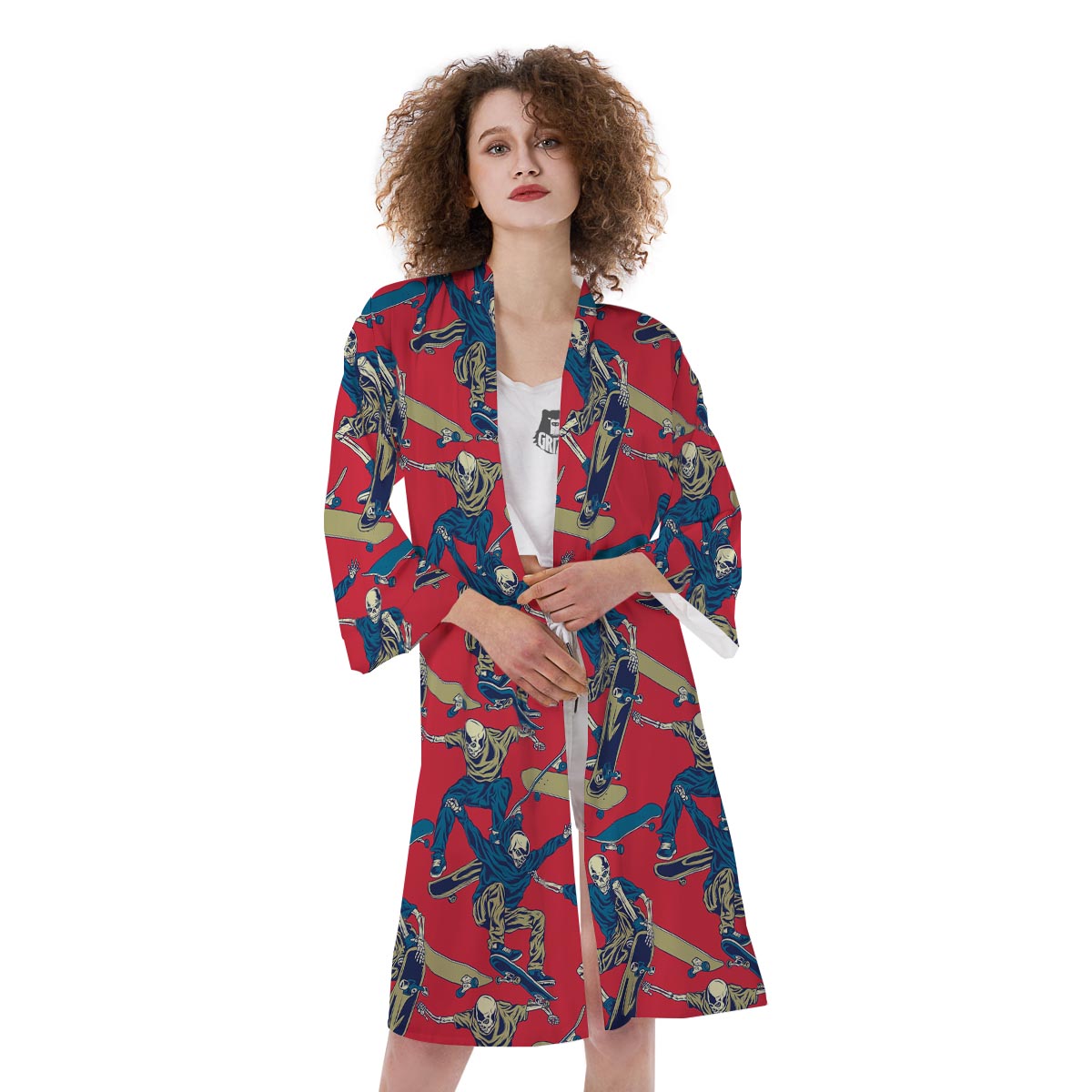 Skeleton Skateboarding Print Pattern Kimono-grizzshop