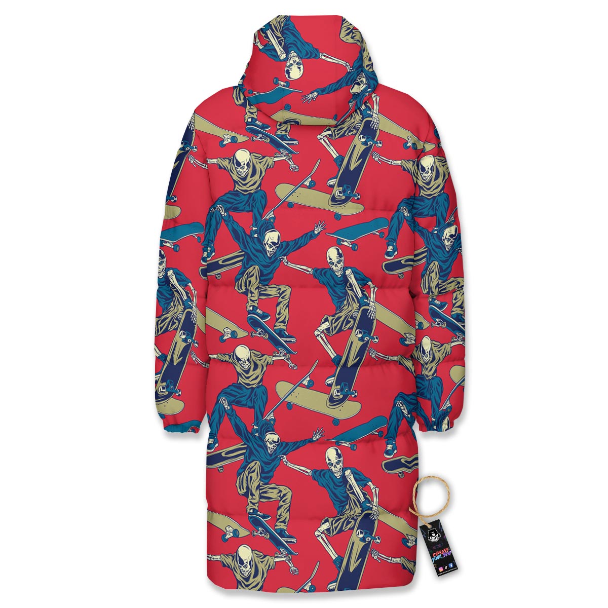 Skeleton Skateboarding Print Pattern Long Down Jacket-grizzshop