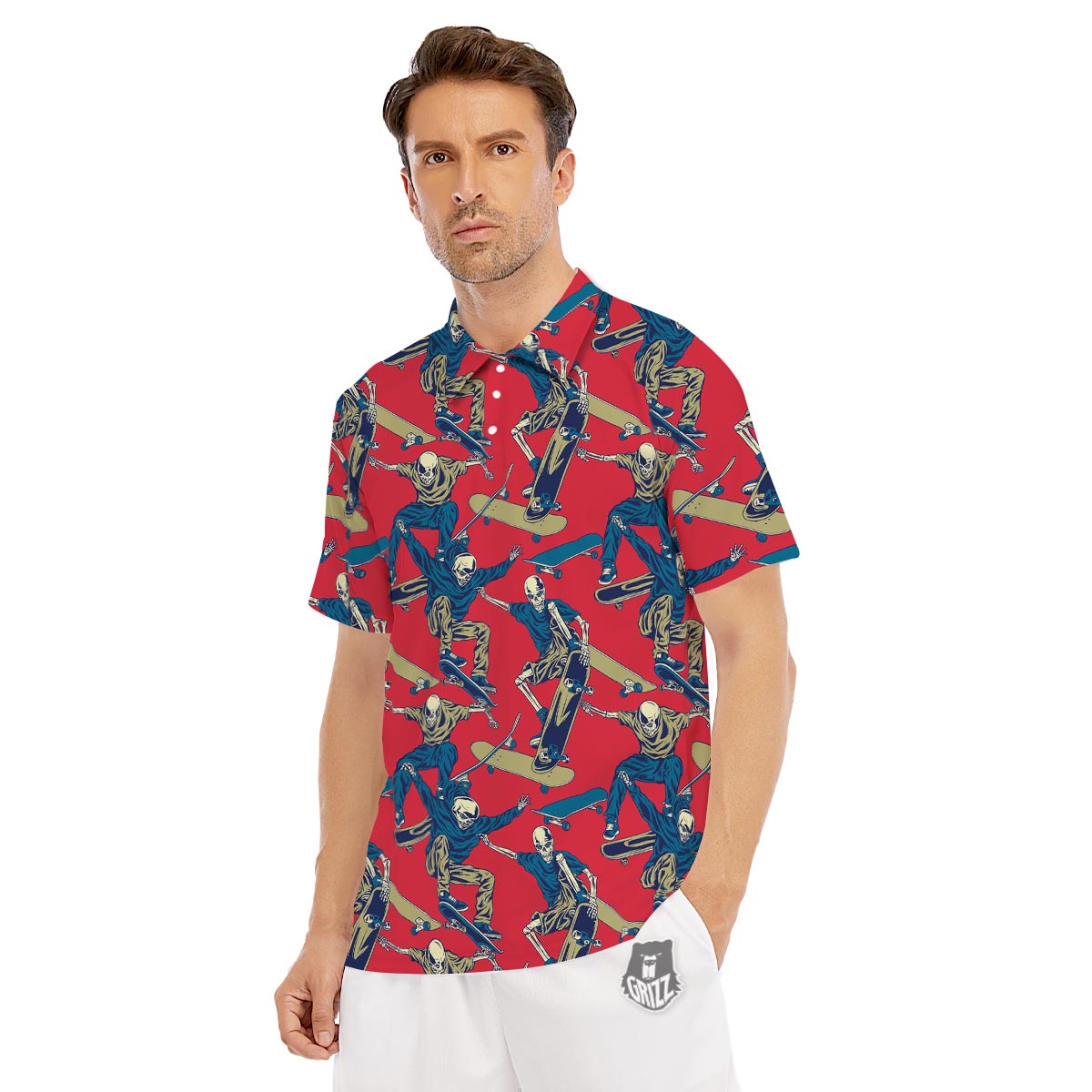 Skeleton Skateboarding Print Pattern Men's Golf Shirts-grizzshop