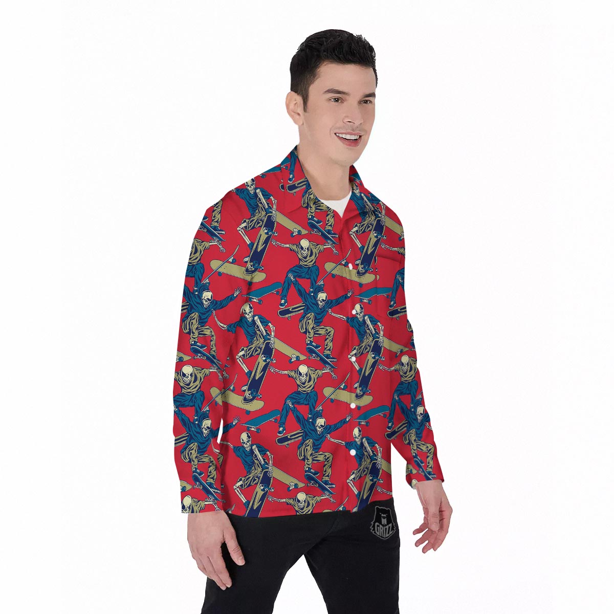 Skeleton Skateboarding Print Pattern Men's Long Sleeve Shirts-grizzshop