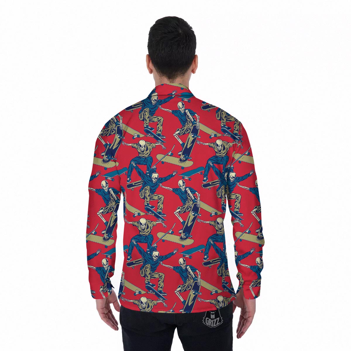 Skeleton Skateboarding Print Pattern Men's Long Sleeve Shirts-grizzshop