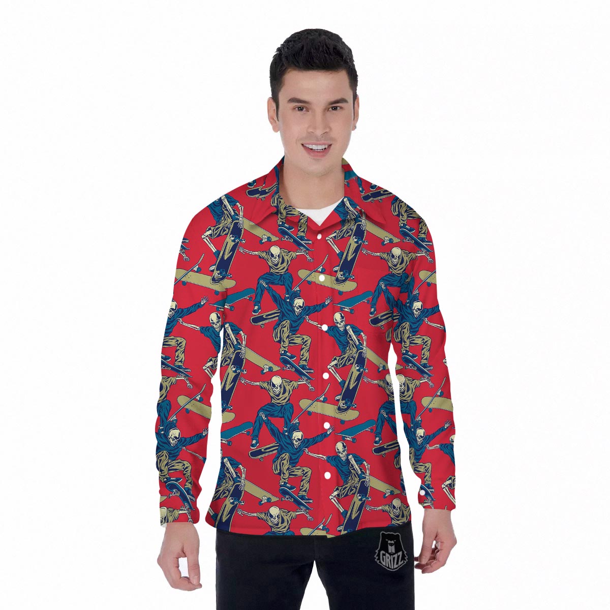 Skeleton Skateboarding Print Pattern Men's Long Sleeve Shirts-grizzshop