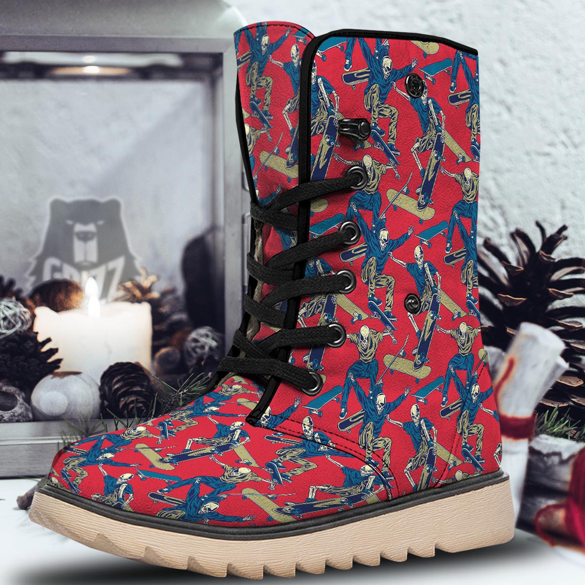 Skeleton Skateboarding Print Pattern Snow Boots-grizzshop