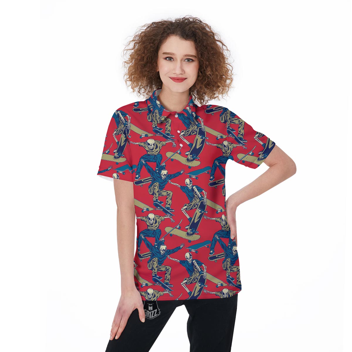 Skeleton Skateboarding Print Pattern Women's Golf Shirts-grizzshop