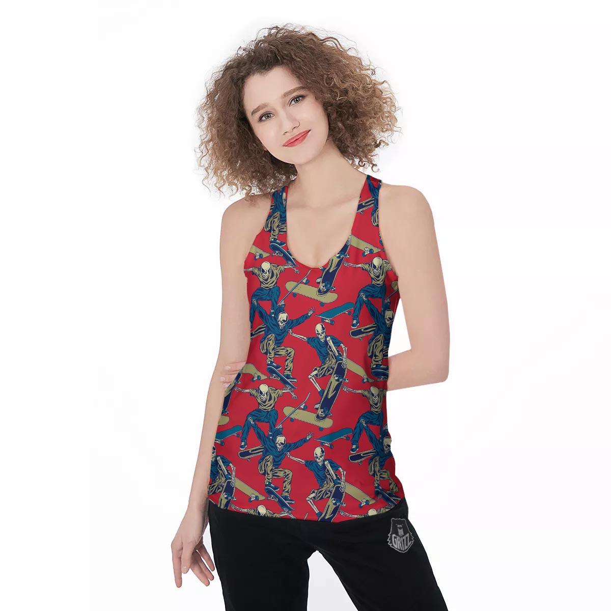 Skeleton Skateboarding Print Pattern Women's Racerback Tank Top-grizzshop