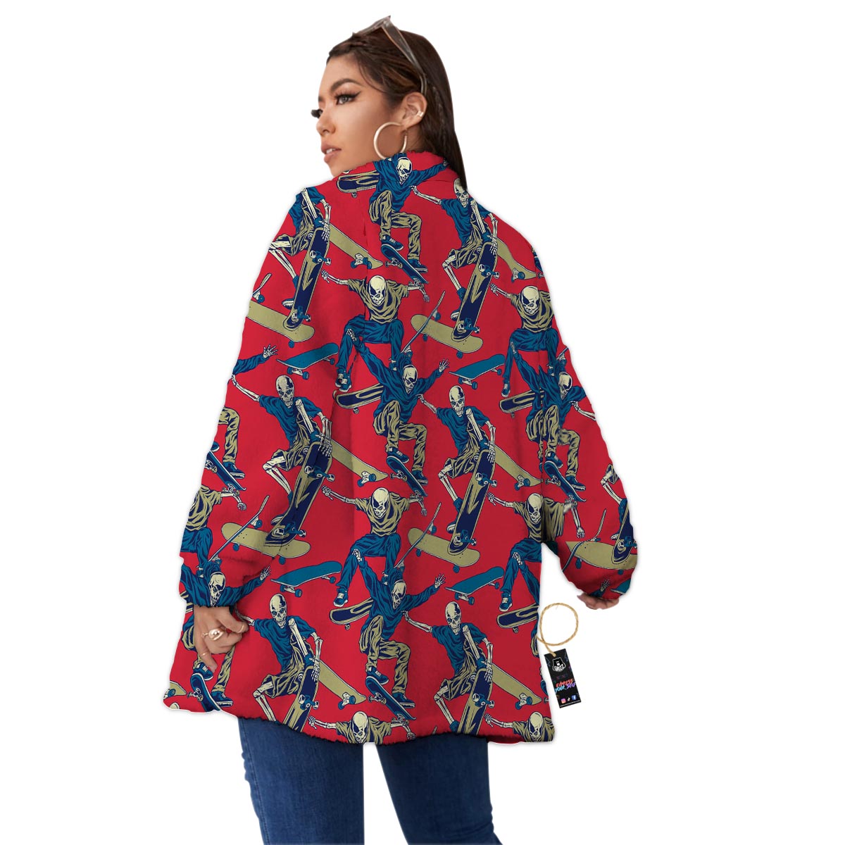 Skeleton Skateboarding Print Pattern Women's Sherpa Jacket-grizzshop