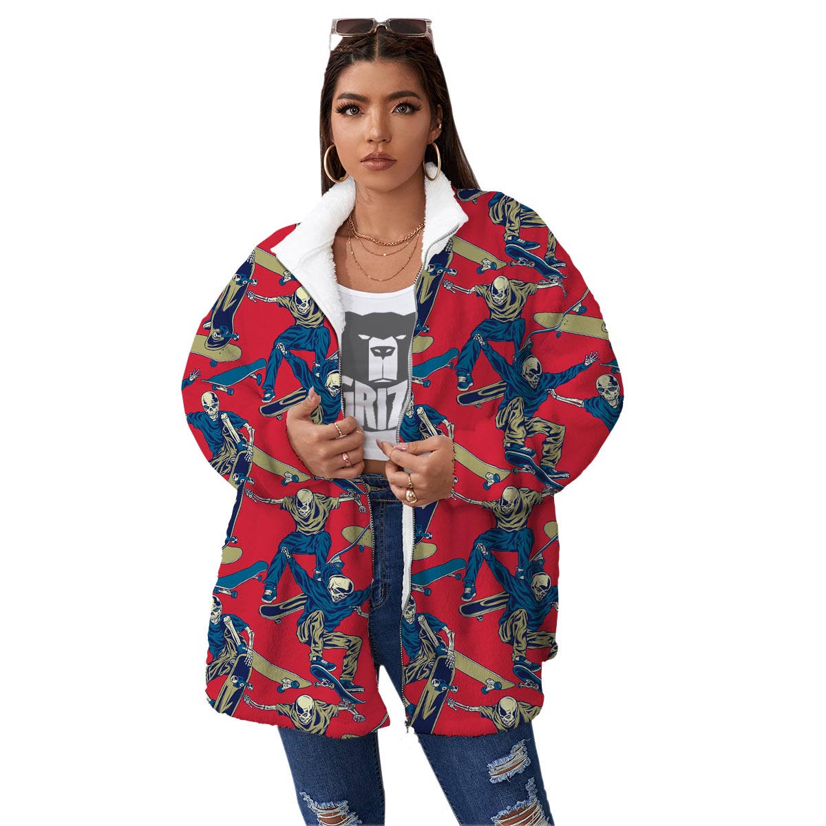 Skeleton Skateboarding Print Pattern Women's Sherpa Jacket-grizzshop