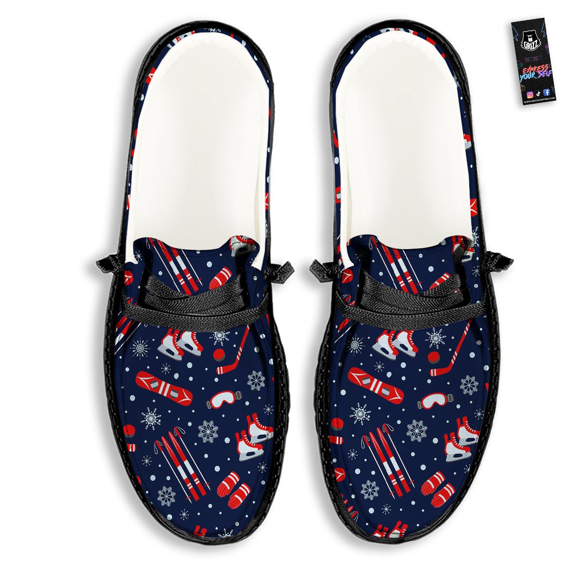 Skiing Equipment Print Pattern Black Loafers-grizzshop