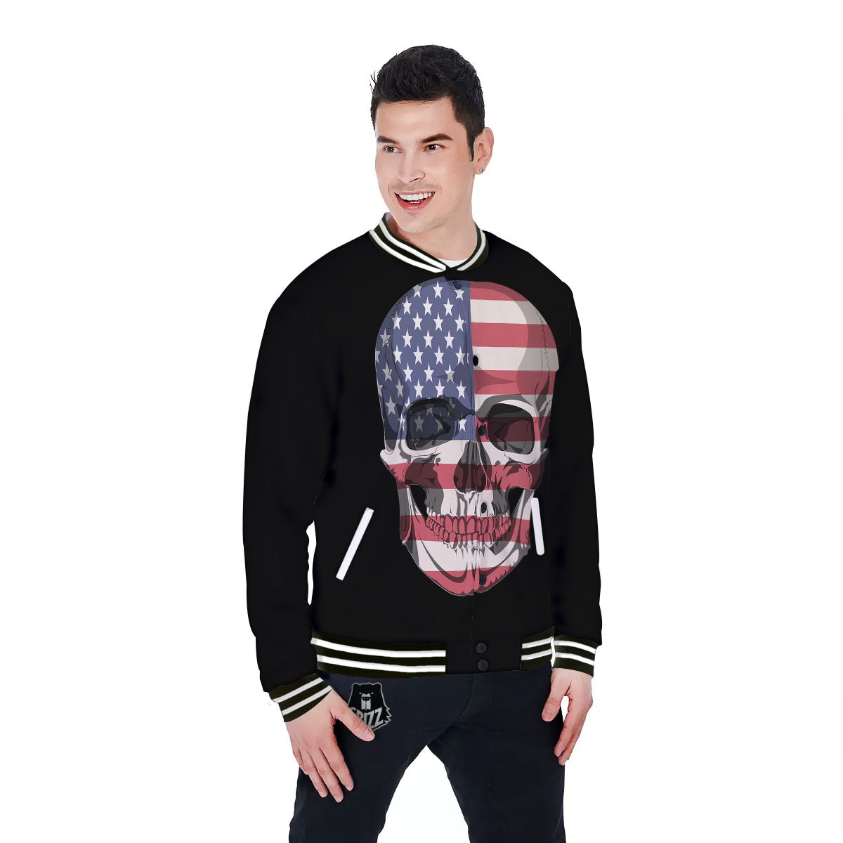 Skull American Flag Print Baseball Jacket-grizzshop