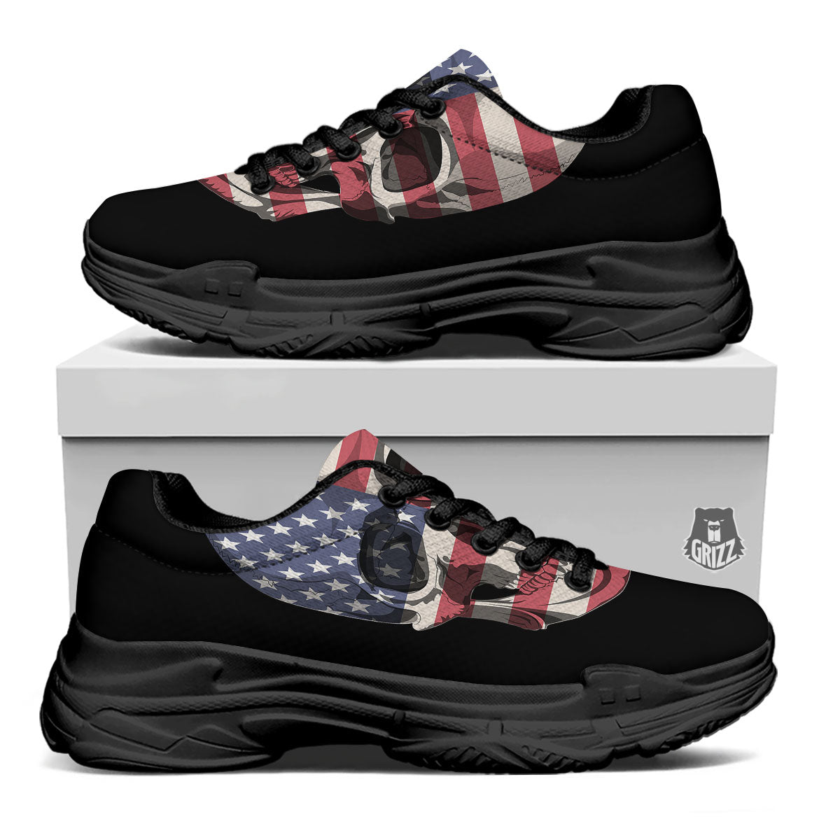Skull American Flag Print Black Chunky Shoes-grizzshop