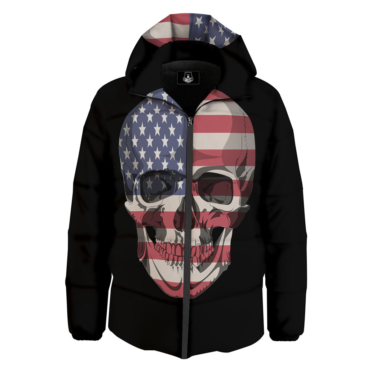 Skull American Flag Print Down Jacket-grizzshop