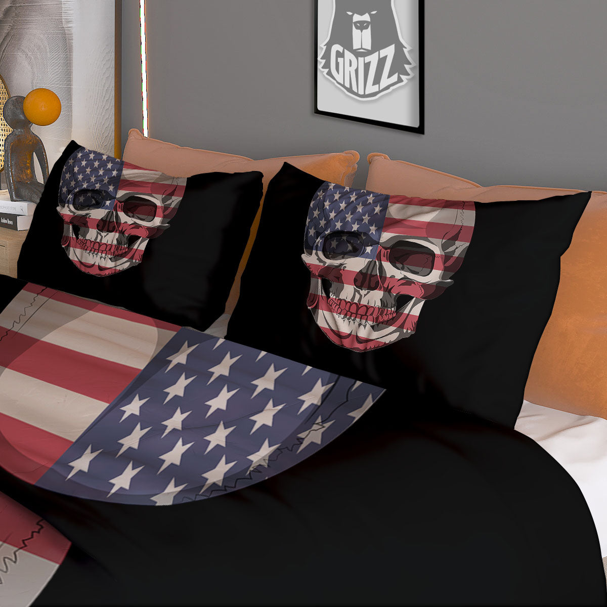 Skull American Flag Print Duvet Cover Bedding Set