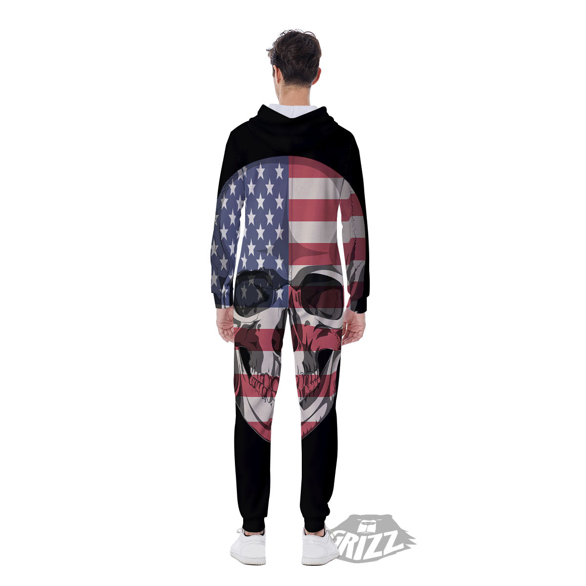 Skull American Flag Print Men's Jumpsuit-grizzshop