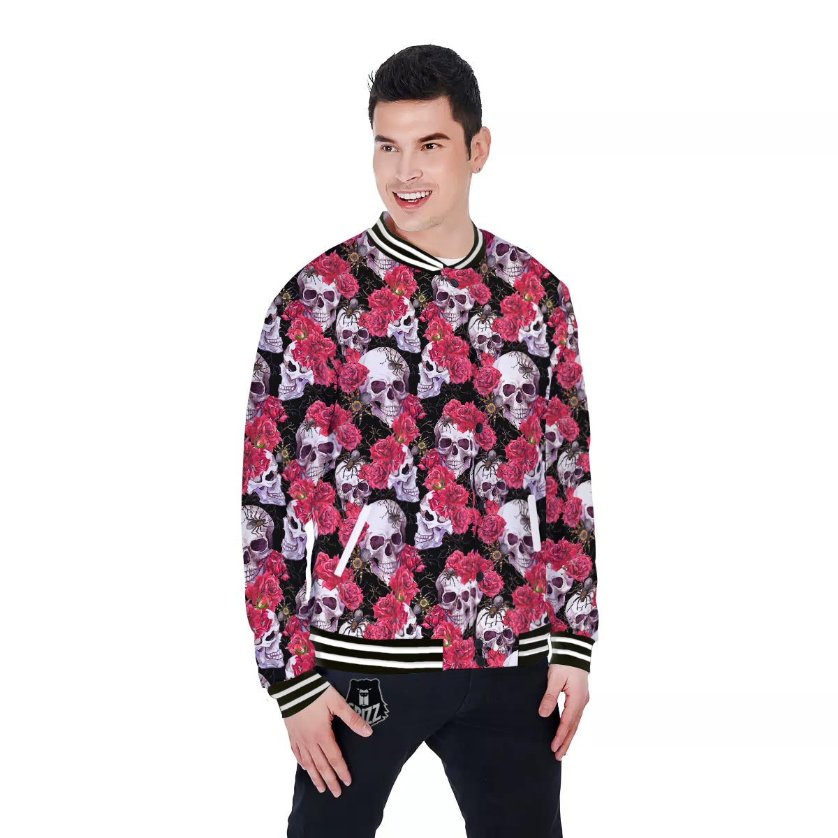 Skull And Rose Print Pattern Baseball Jacket-grizzshop