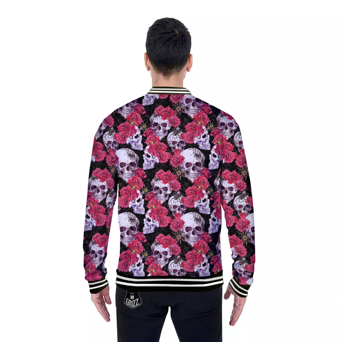 Skull And Rose Print Pattern Baseball Jacket-grizzshop