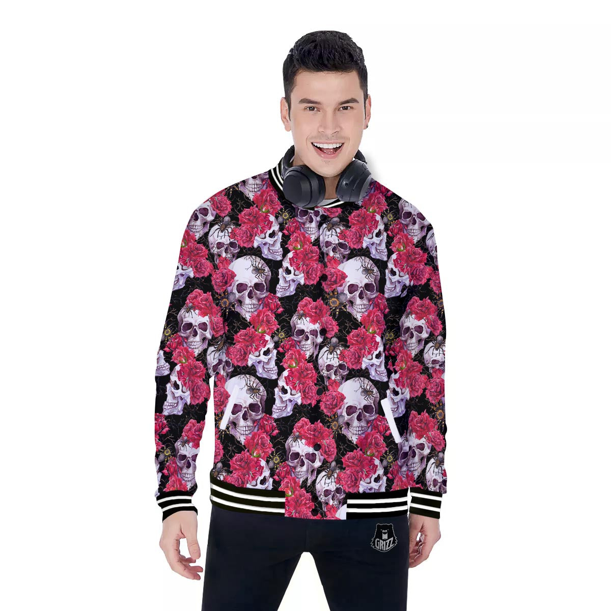 Skull And Rose Print Pattern Baseball Jacket-grizzshop