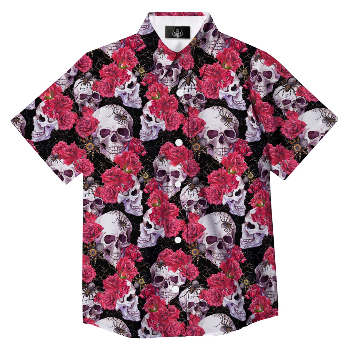 Skull And Rose Print Pattern Button Up Shirt-grizzshop
