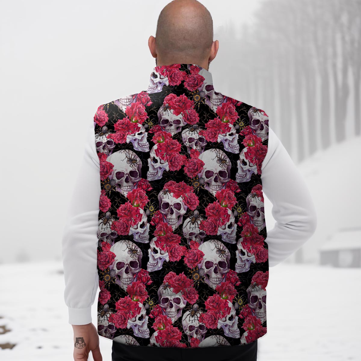 Skull And Rose Print Pattern Down Vest-grizzshop