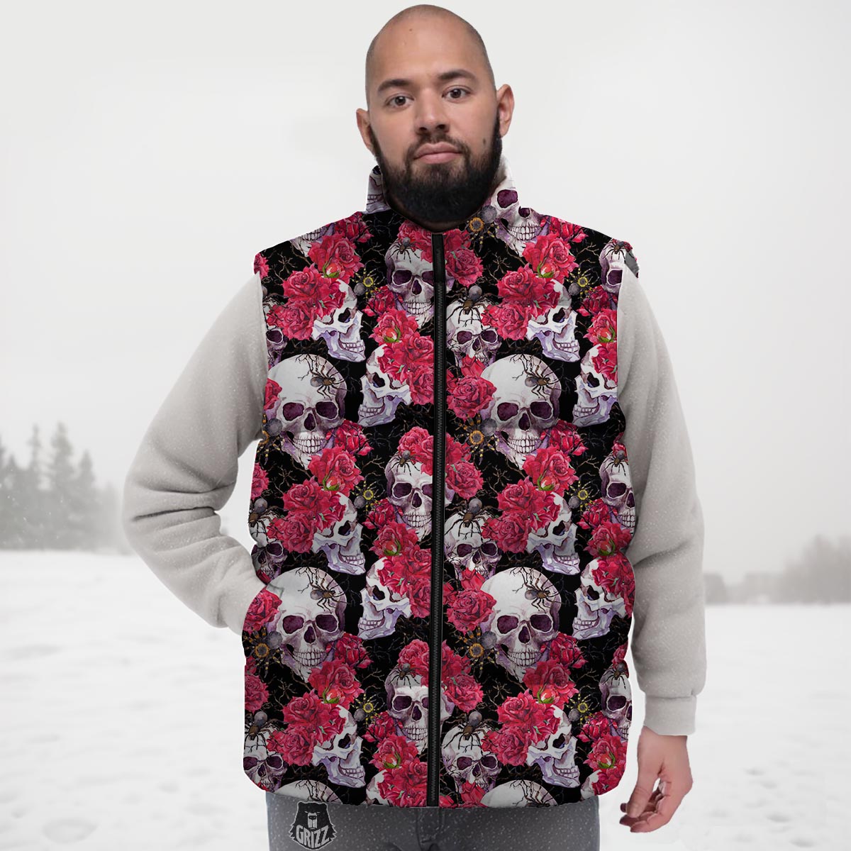 Skull And Rose Print Pattern Down Vest-grizzshop