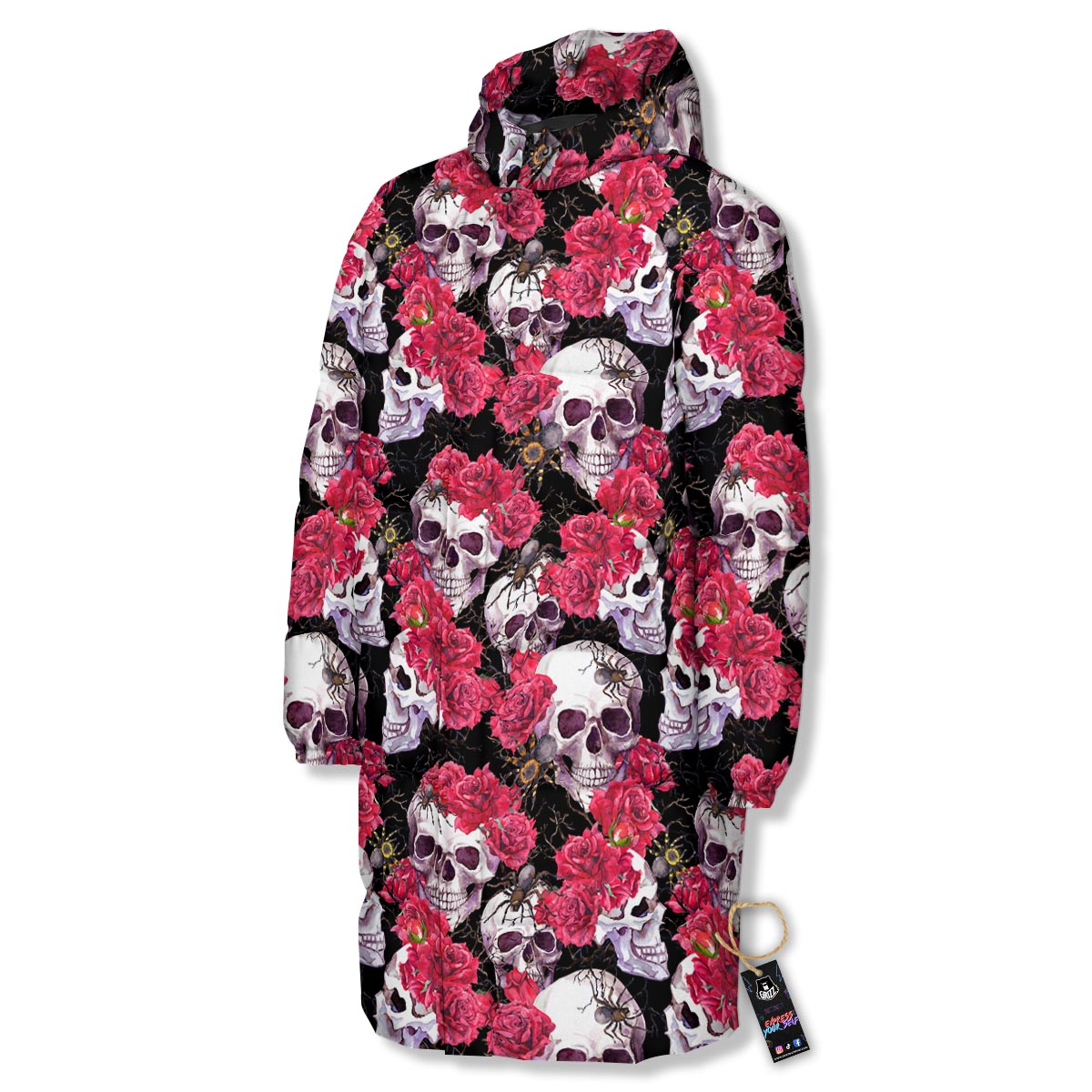 Skull And Rose Print Pattern Long Down Jacket-grizzshop