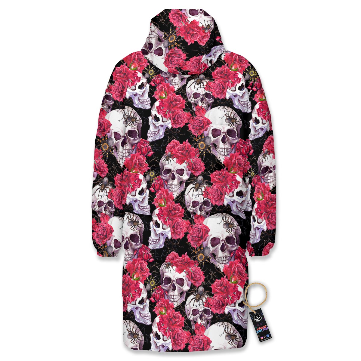 Skull And Rose Print Pattern Long Down Jacket-grizzshop