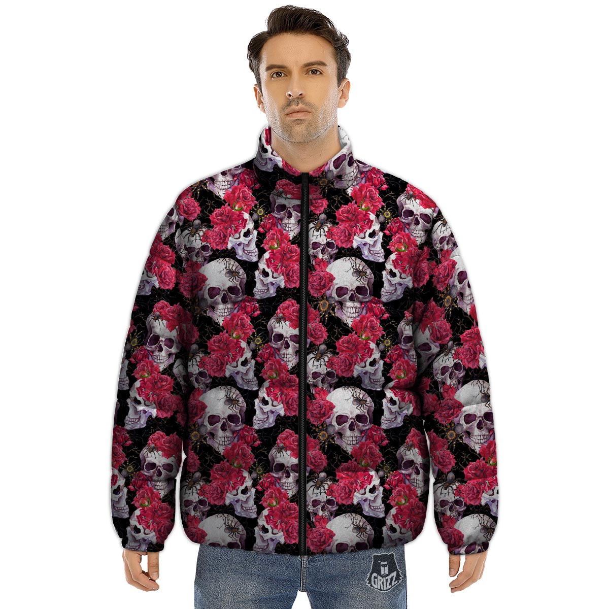 Skull And Rose Print Pattern Puffer Jacket-grizzshop