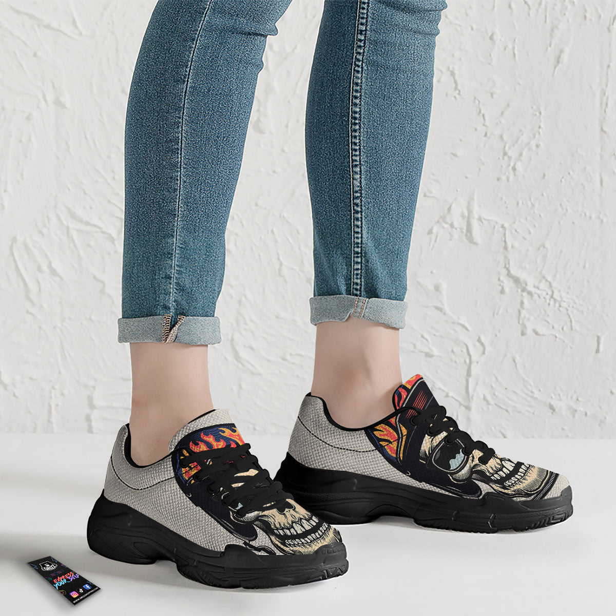 Skull Biker Helmet Vintage Print Black Chunky Shoes-grizzshop