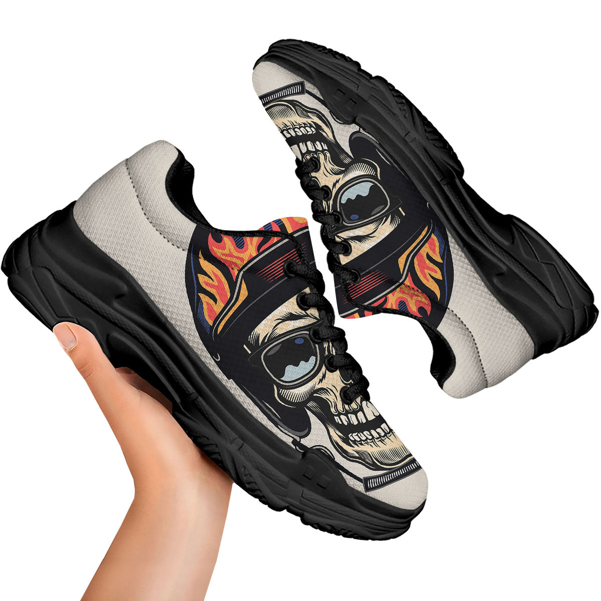 Skull Biker Helmet Vintage Print Black Chunky Shoes-grizzshop