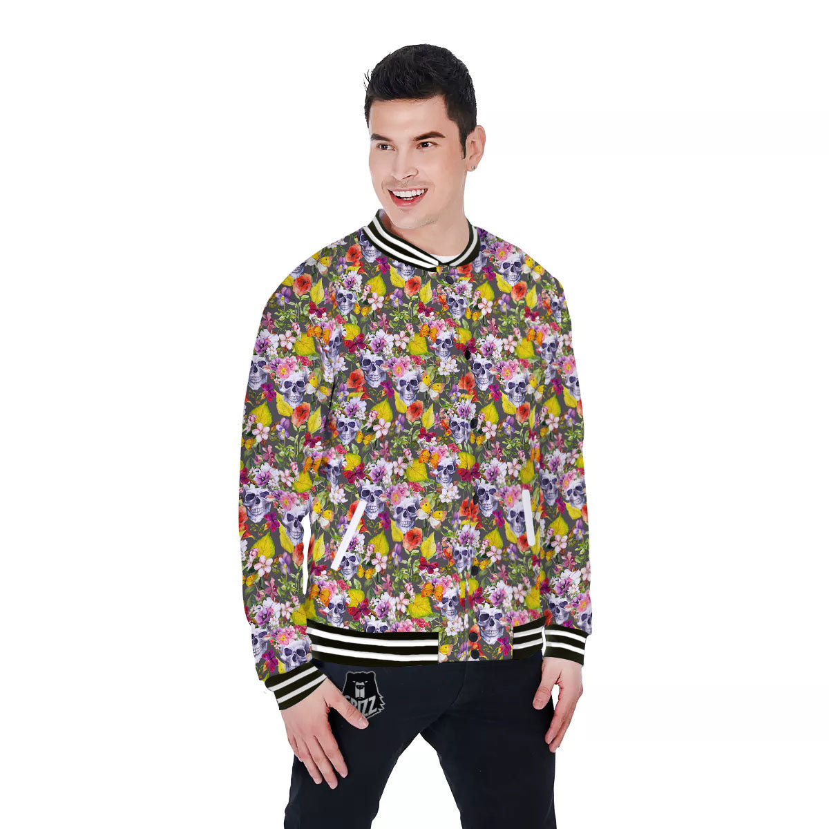 Skull Blossom Flowers Print Pattern Baseball Jacket-grizzshop