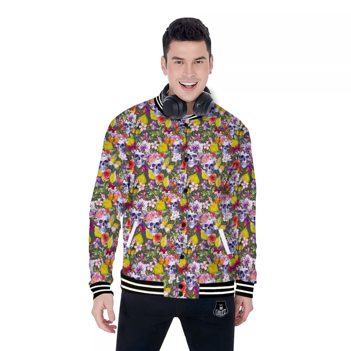 Skull Blossom Flowers Print Pattern Baseball Jacket-grizzshop