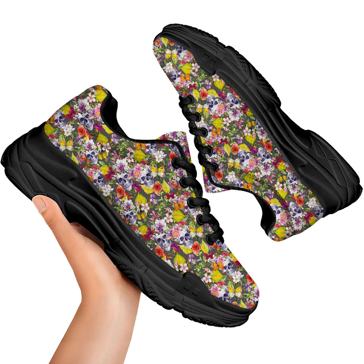 Skull Blossom Flowers Print Pattern Black Chunky Shoes-grizzshop