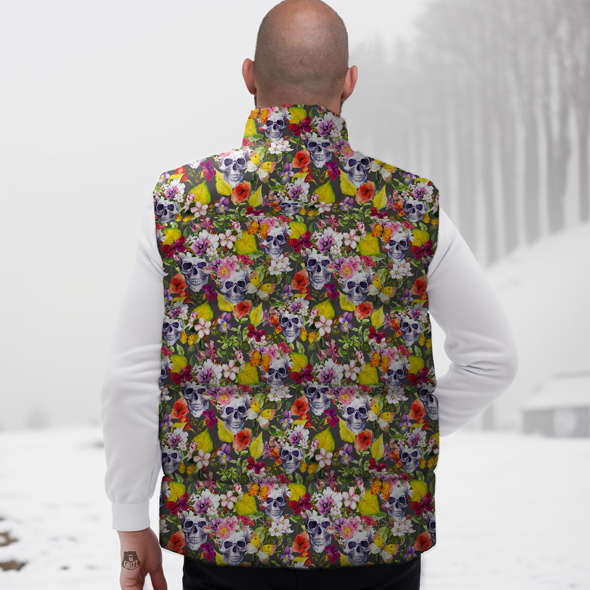 Skull Blossom Flowers Print Pattern Down Vest