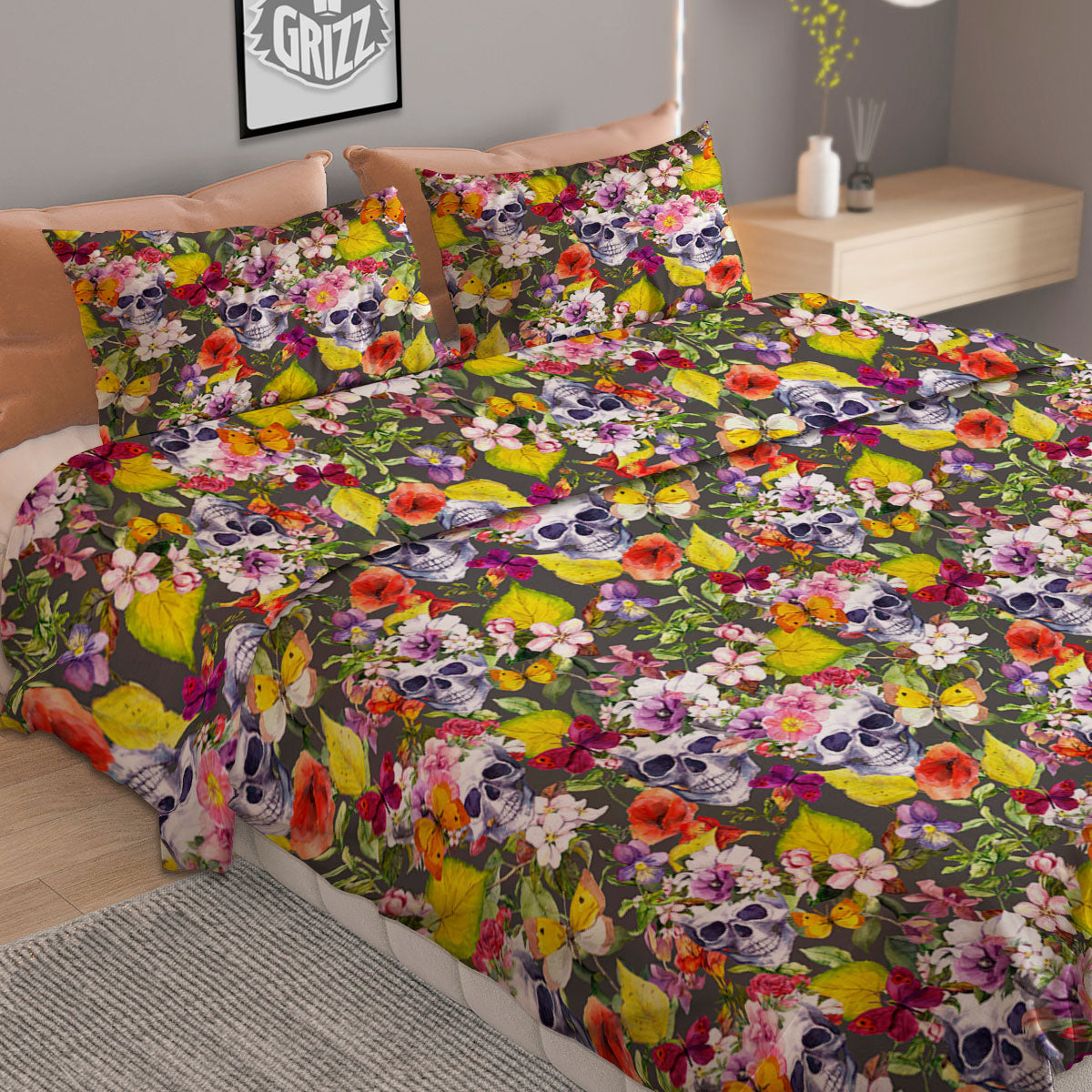 Skull Blossom Flowers Print Pattern Duvet Cover Bedding Set-grizzshop