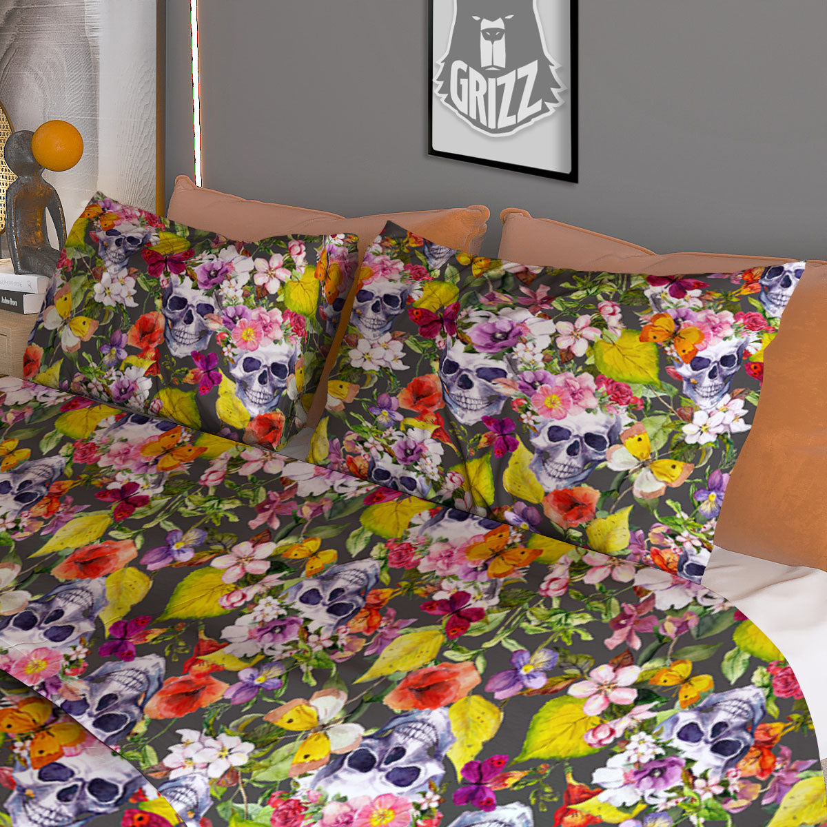 Skull Blossom Flowers Print Pattern Duvet Cover Bedding Set-grizzshop