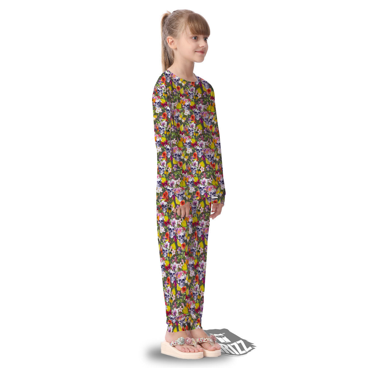 Skull Blossom Flowers Print Pattern Kid's Pajamas-grizzshop