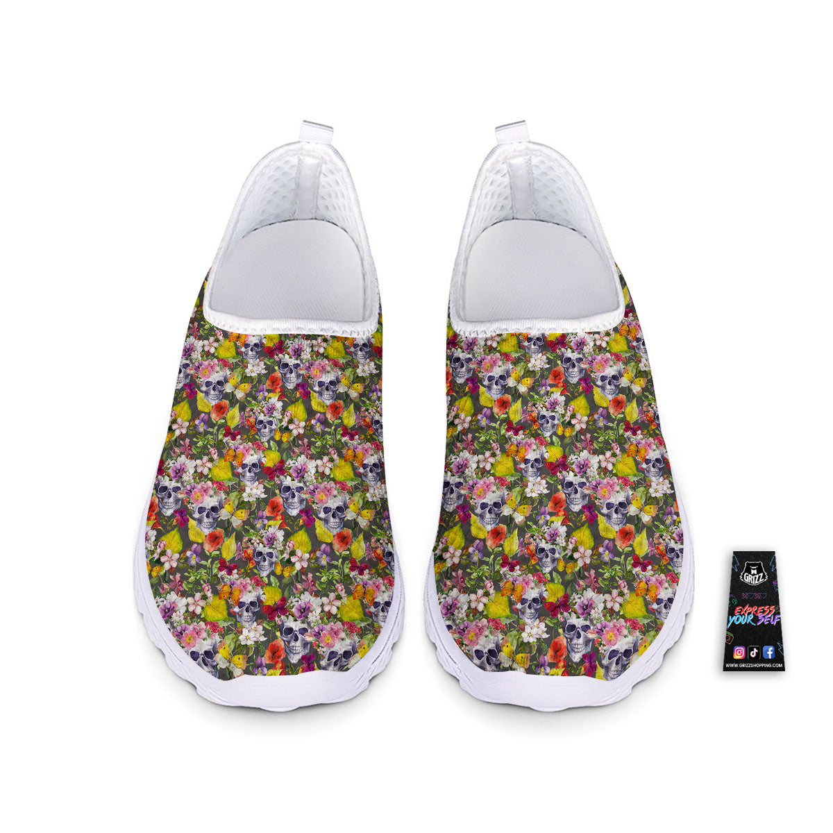 Skull Blossom Flowers Print Pattern Nurse Shoes-grizzshop