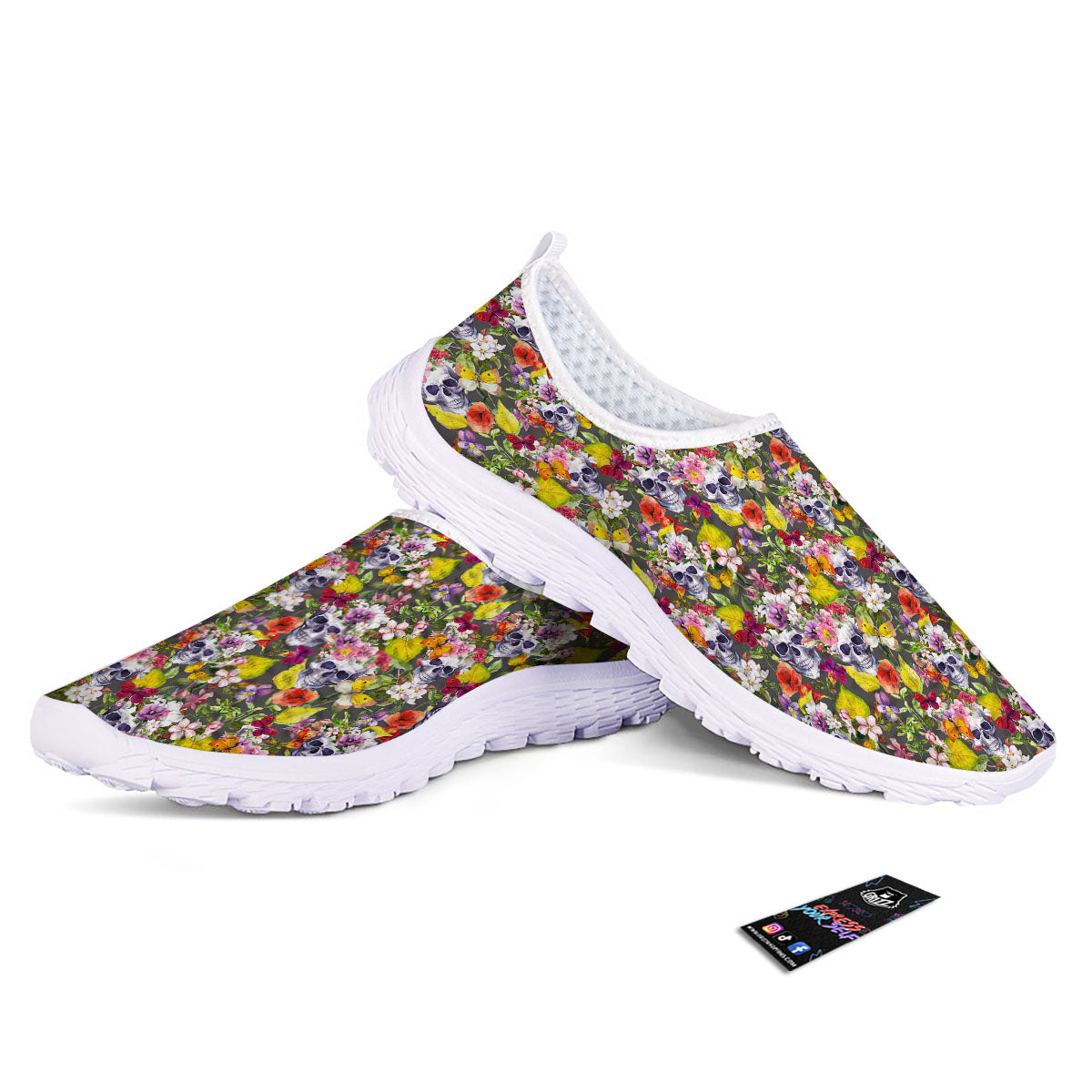 Skull Blossom Flowers Print Pattern Nurse Shoes-grizzshop