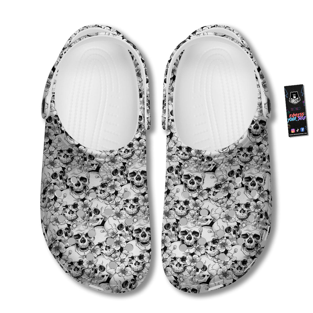 Skull Blossom Peony Print Pattern Clog-grizzshop