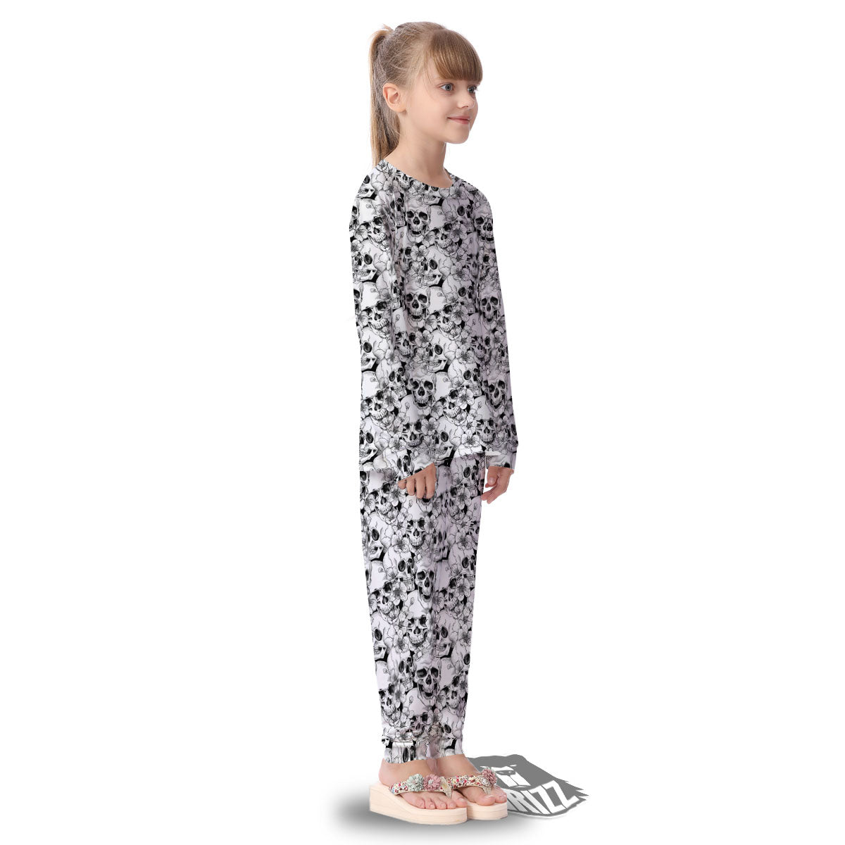Skull Blossom Peony Print Pattern Kid's Pajamas-grizzshop
