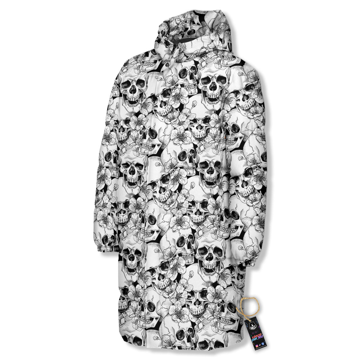 Skull Blossom Peony Print Pattern Long Down Jacket-grizzshop