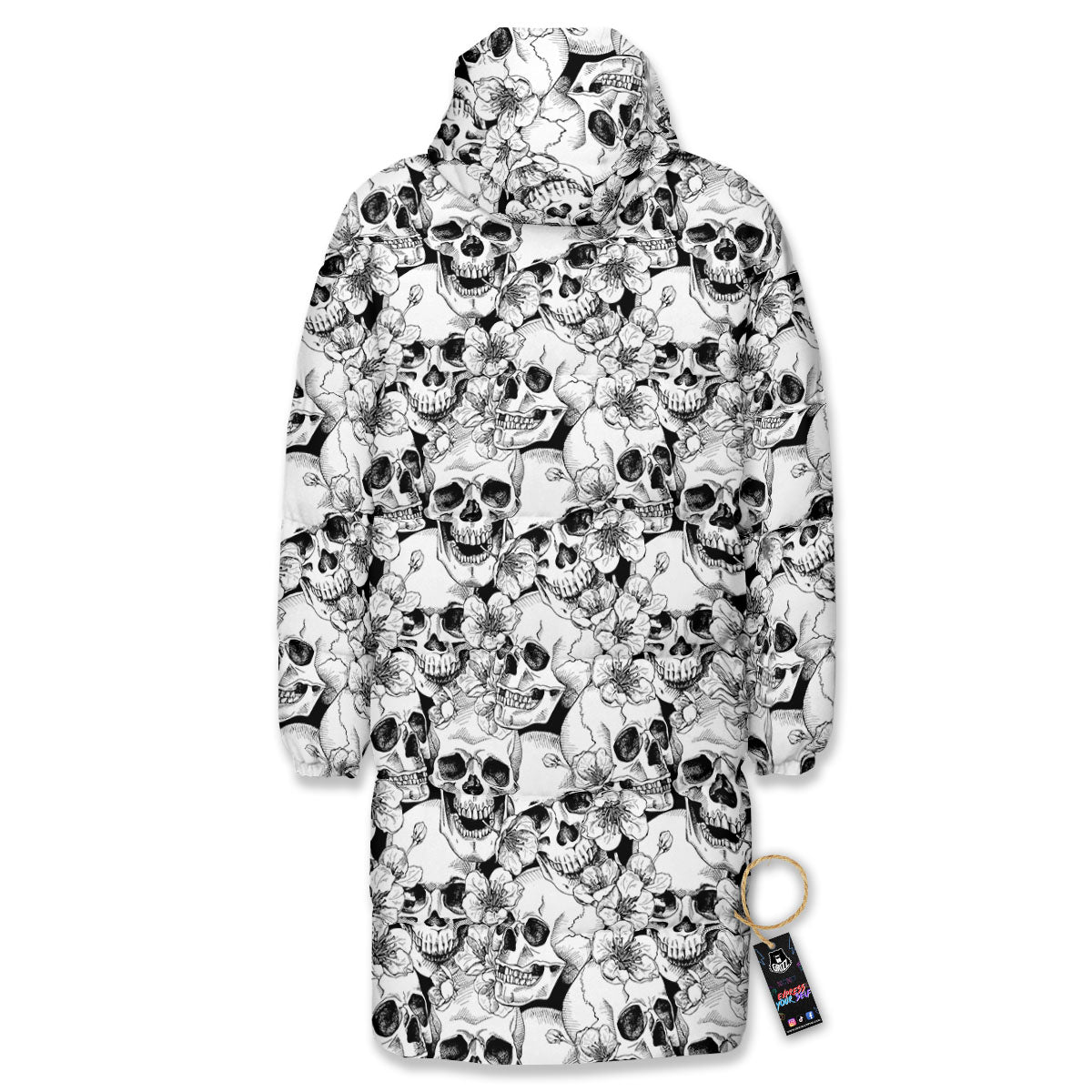 Skull Blossom Peony Print Pattern Long Down Jacket-grizzshop