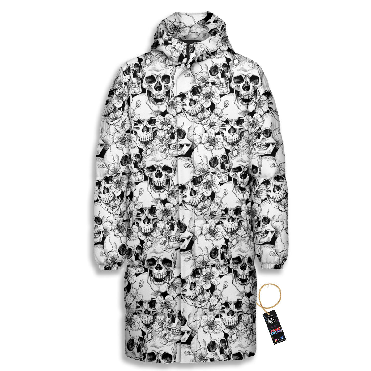 Skull Blossom Peony Print Pattern Long Down Jacket-grizzshop