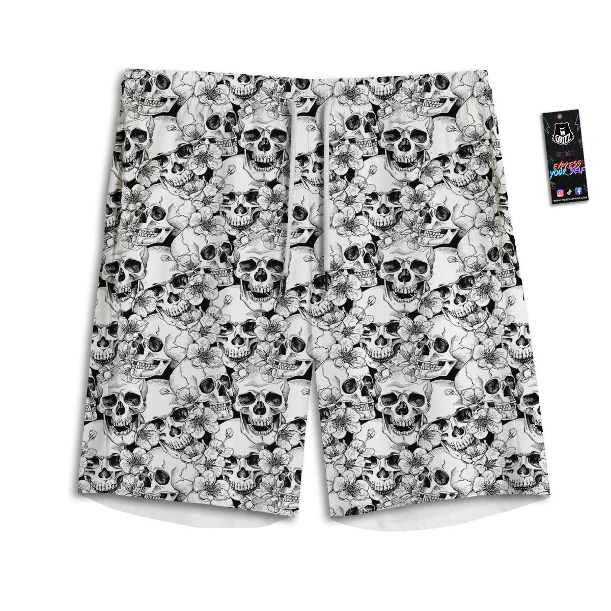 Skull Blossom Peony Print Pattern Men's Athletic Shorts