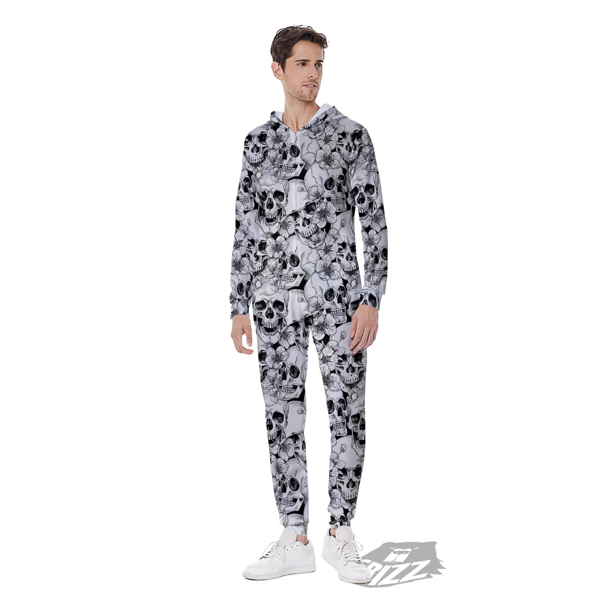 Skull Blossom Peony Print Pattern Men's Jumpsuit-grizzshop